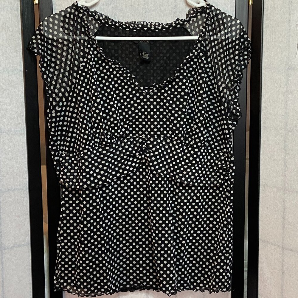 GNW Ruffle Neck Flutter Sleeve Lettuce Edge Sheer Lined Dot Top XL Black White